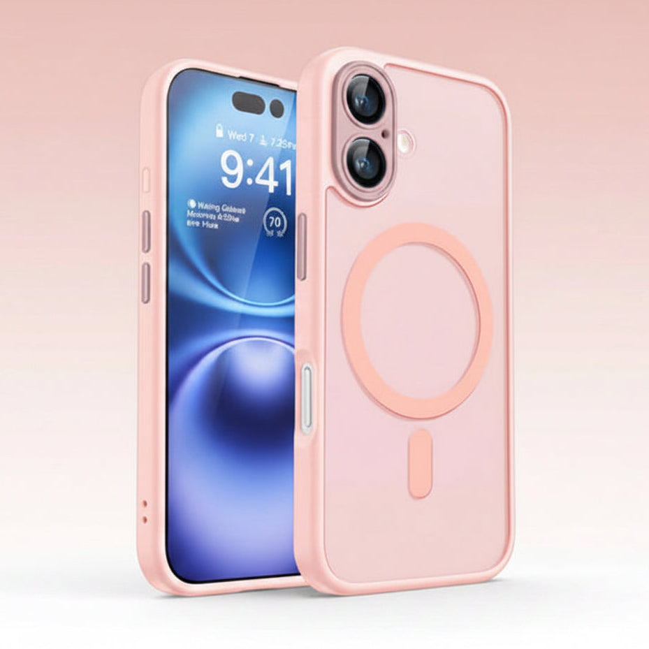 A light pink protective phone case shown from both the front and back. The front view shows a smartphone inside the case with a blue lock screen, and the back view displays a large circular MagSafe-compatible ring and a small vertical accent.