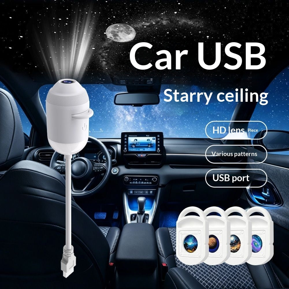 Car USB starry ceiling projector with space-themed designs inside a car.