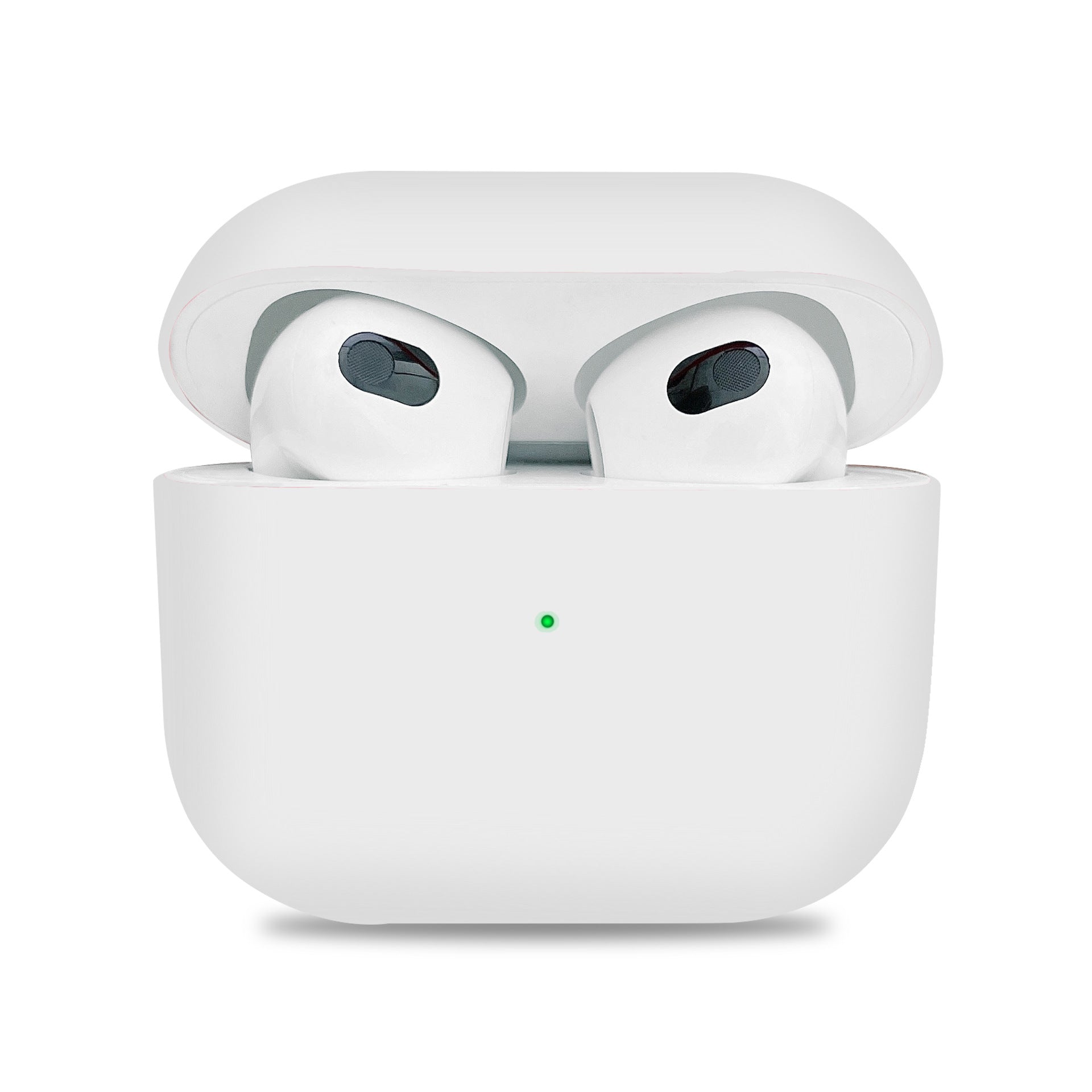 White wireless earbuds with charging case on a white background