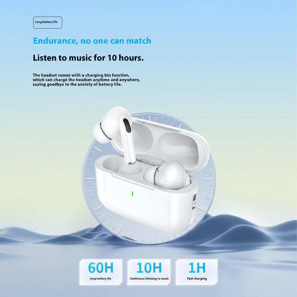 White wireless earbuds with charging case on a light blue background, featuring text about battery life.
