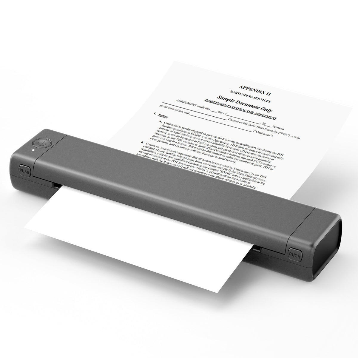 Handheld printer printing a document on a white background