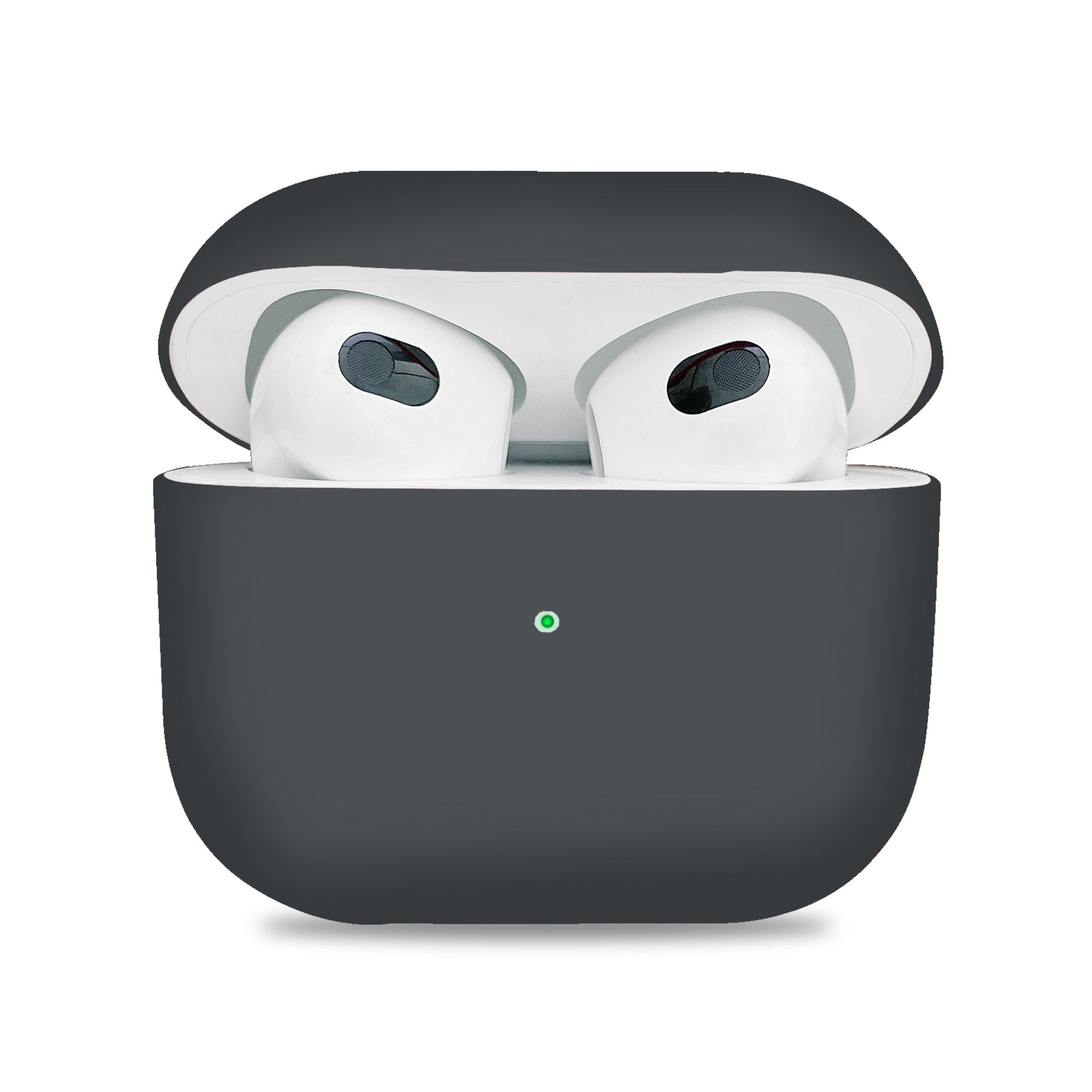 Wireless earbuds in a black-gray charging case on a white background