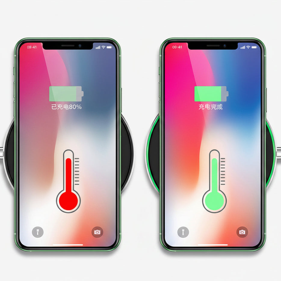 Two smartphones displaying wireless charging progress on a white background