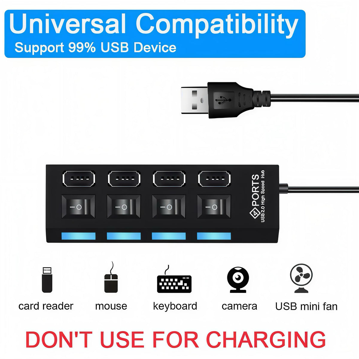 Multi-Port USB Hub Splitter with Individual Switches
