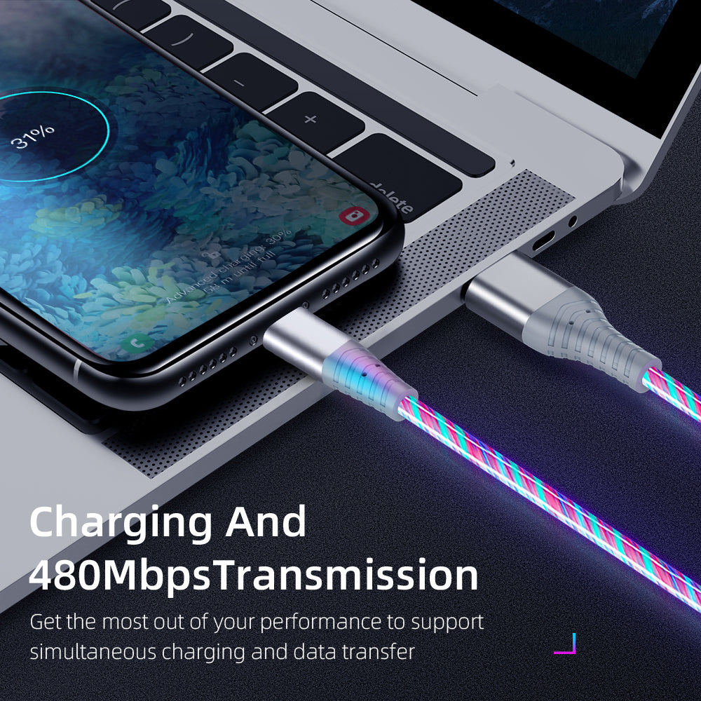 Smartphone and laptop with a charging cable, emphasizing charging and data transfer capabilities.