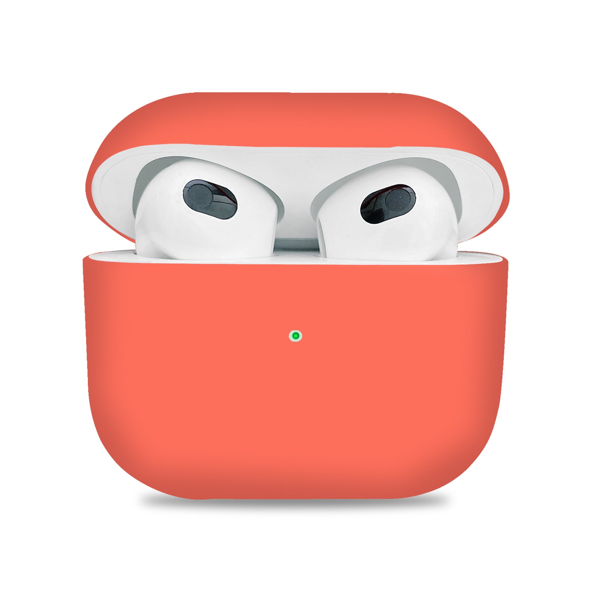 White wireless earbuds in an orange charging case on a white background