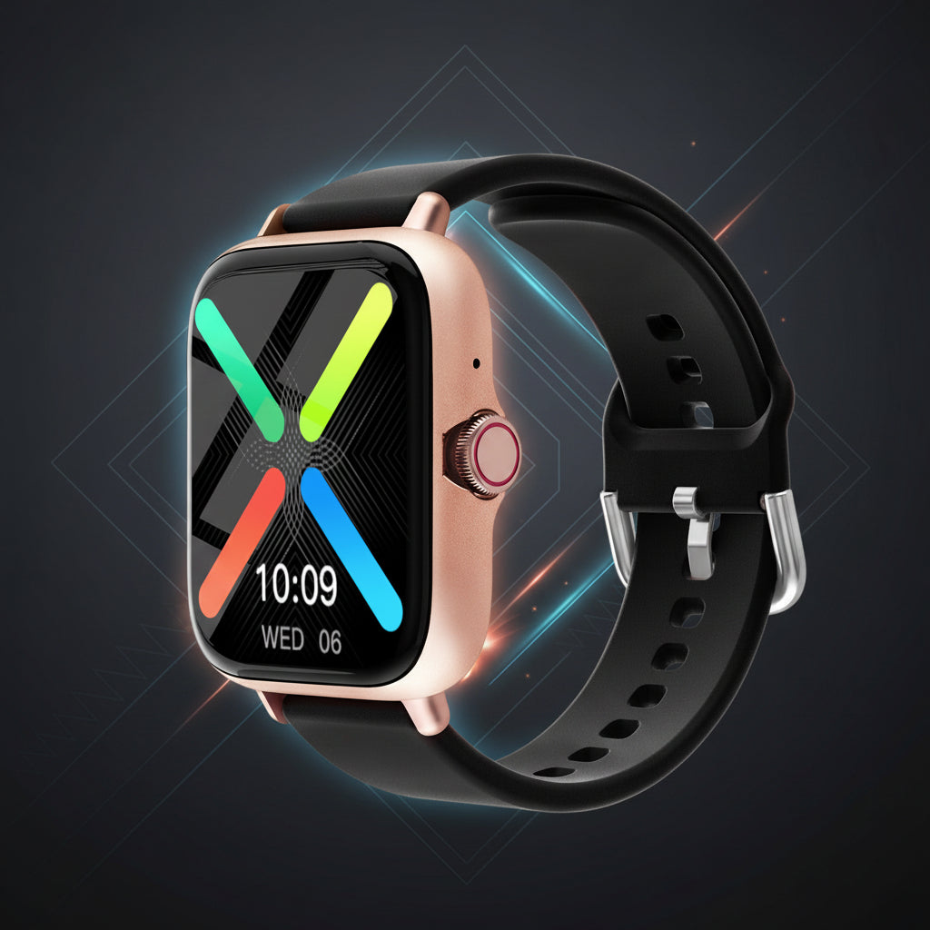 Smartwatch with black band and rose gold case on a black gray background