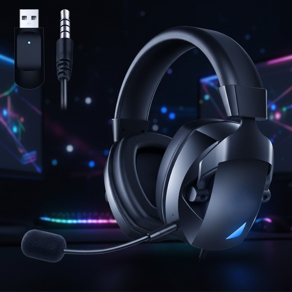 Black over-ear gaming headset with an adjustable boom microphone and a small USB receiver shown in the upper left, set against a dark neon-lit background.