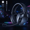 Black over-ear gaming headset with an adjustable boom microphone and a small USB receiver shown in the upper left, set against a dark neon-lit background.