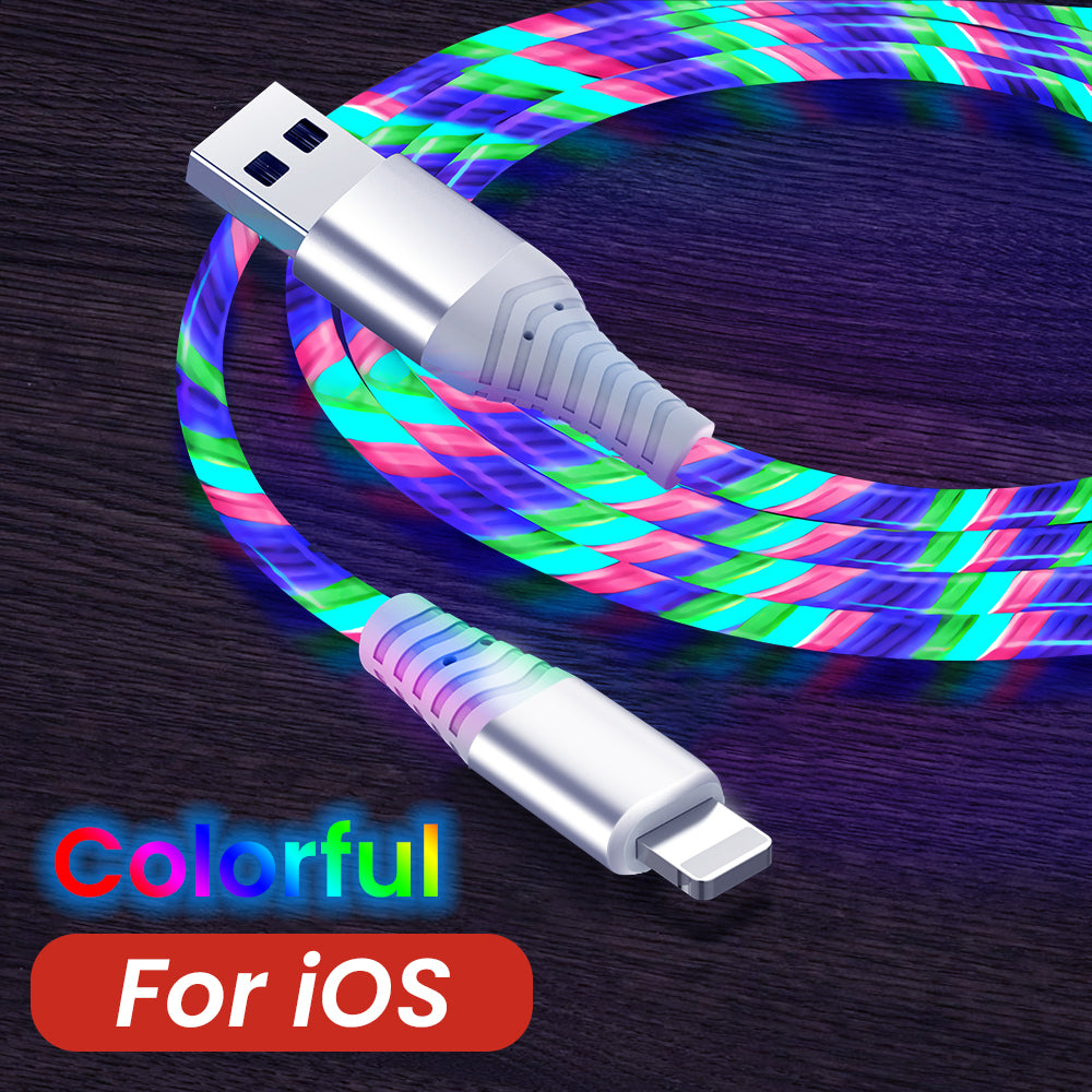 Colorful LED cable with USB and Lightning connectors on a dark background