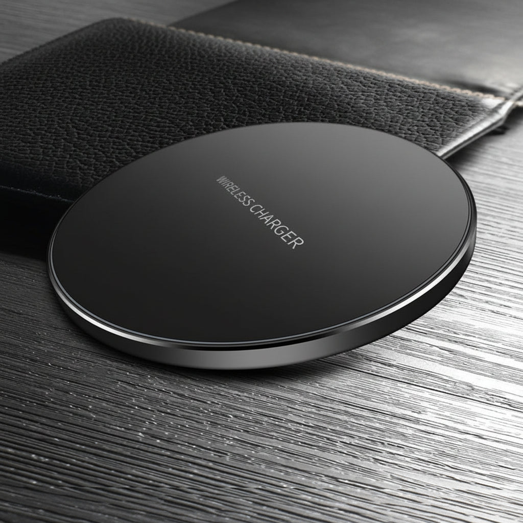 Black wireless charger on a wooden surface
