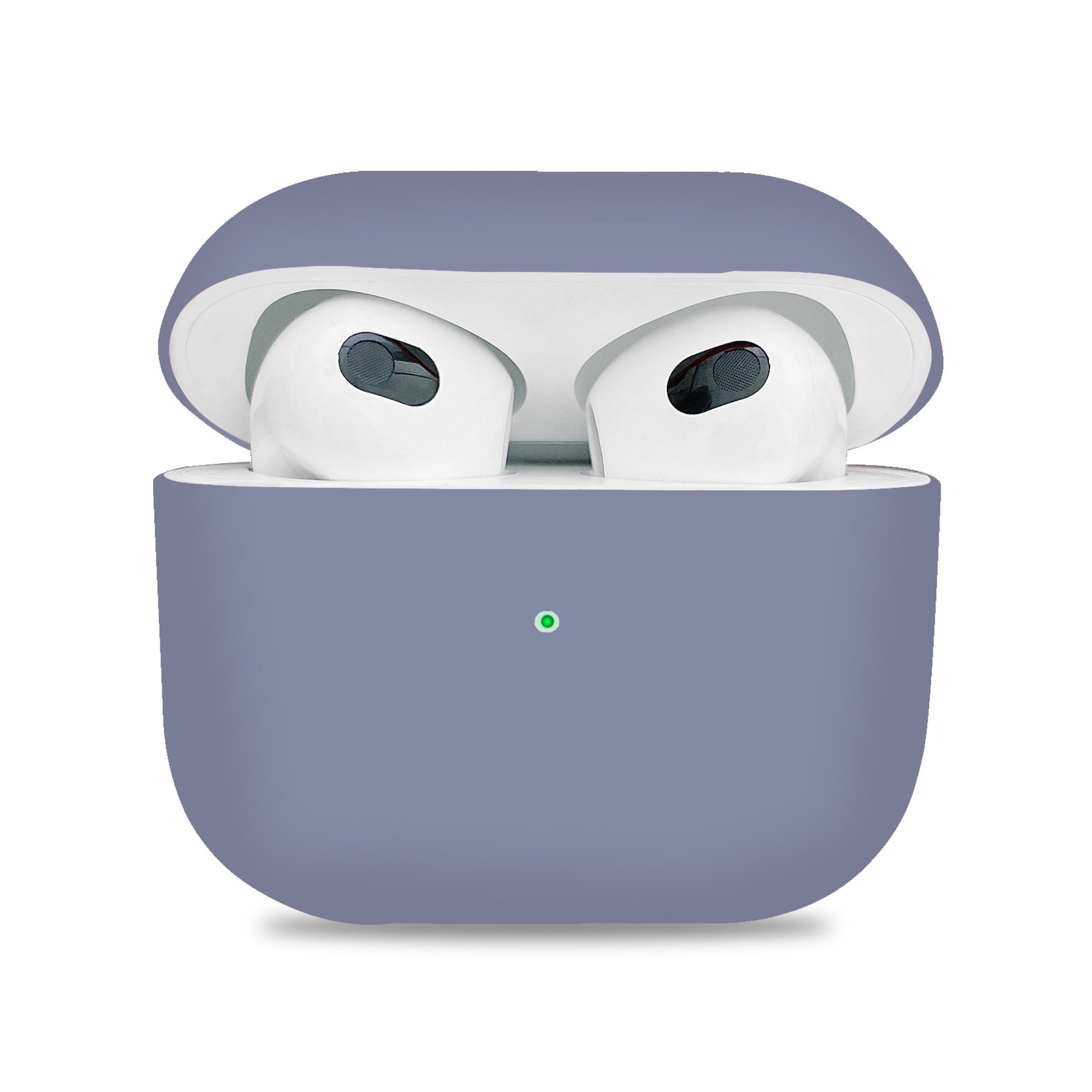 Wireless earbuds in a blue-gray case on a white background