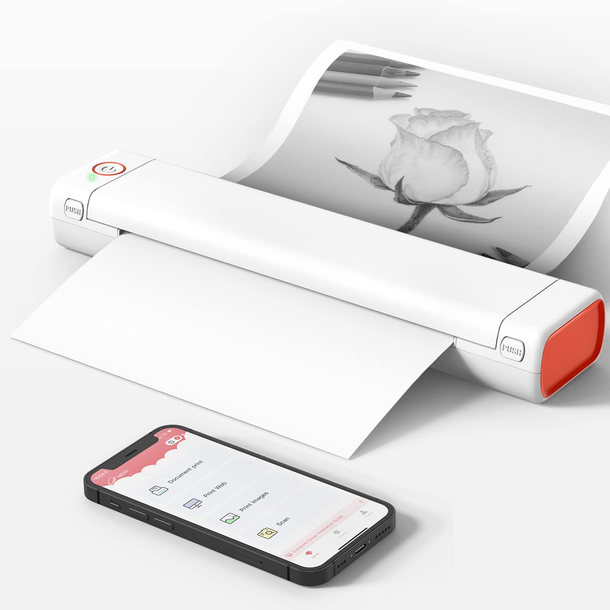 White portable printer with a printed image of a rose and a smartphone displaying an app interface on a white background.