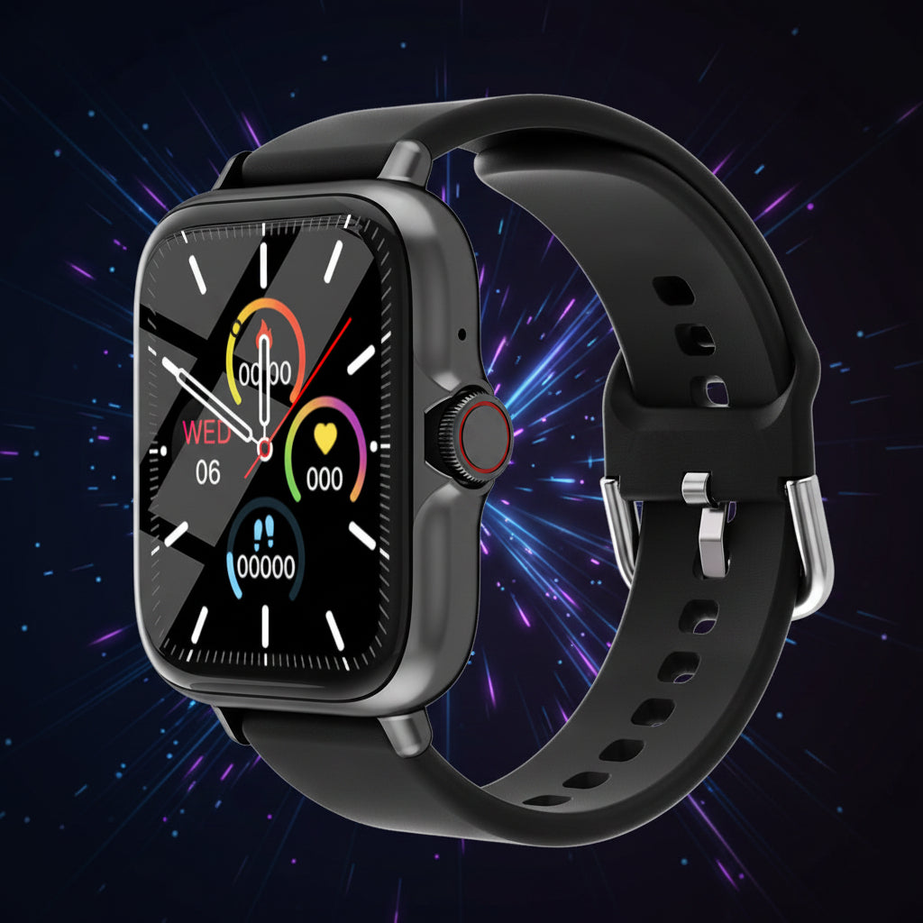 Smartwatch with a black band on a colorful background
