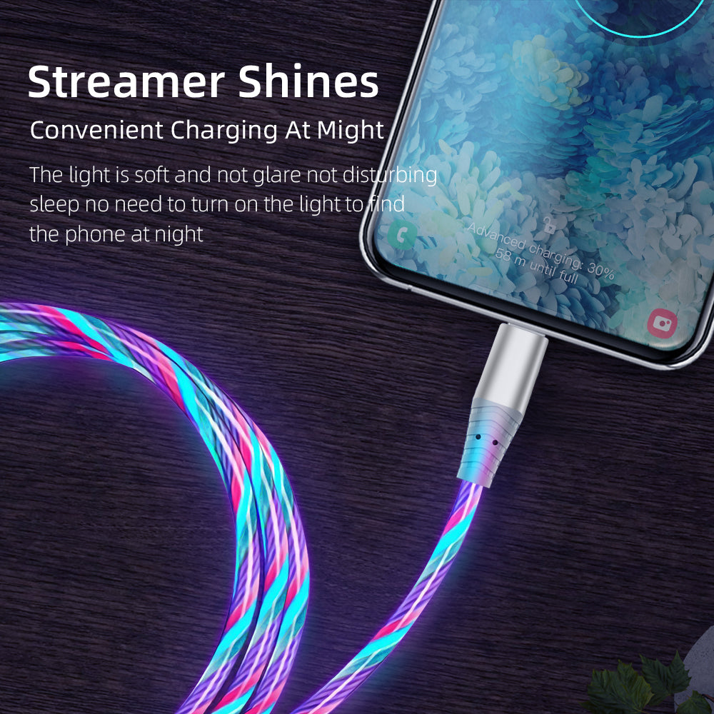 Phone with a colorful charging cable on a dark surface, highlighting convenience and soft light.