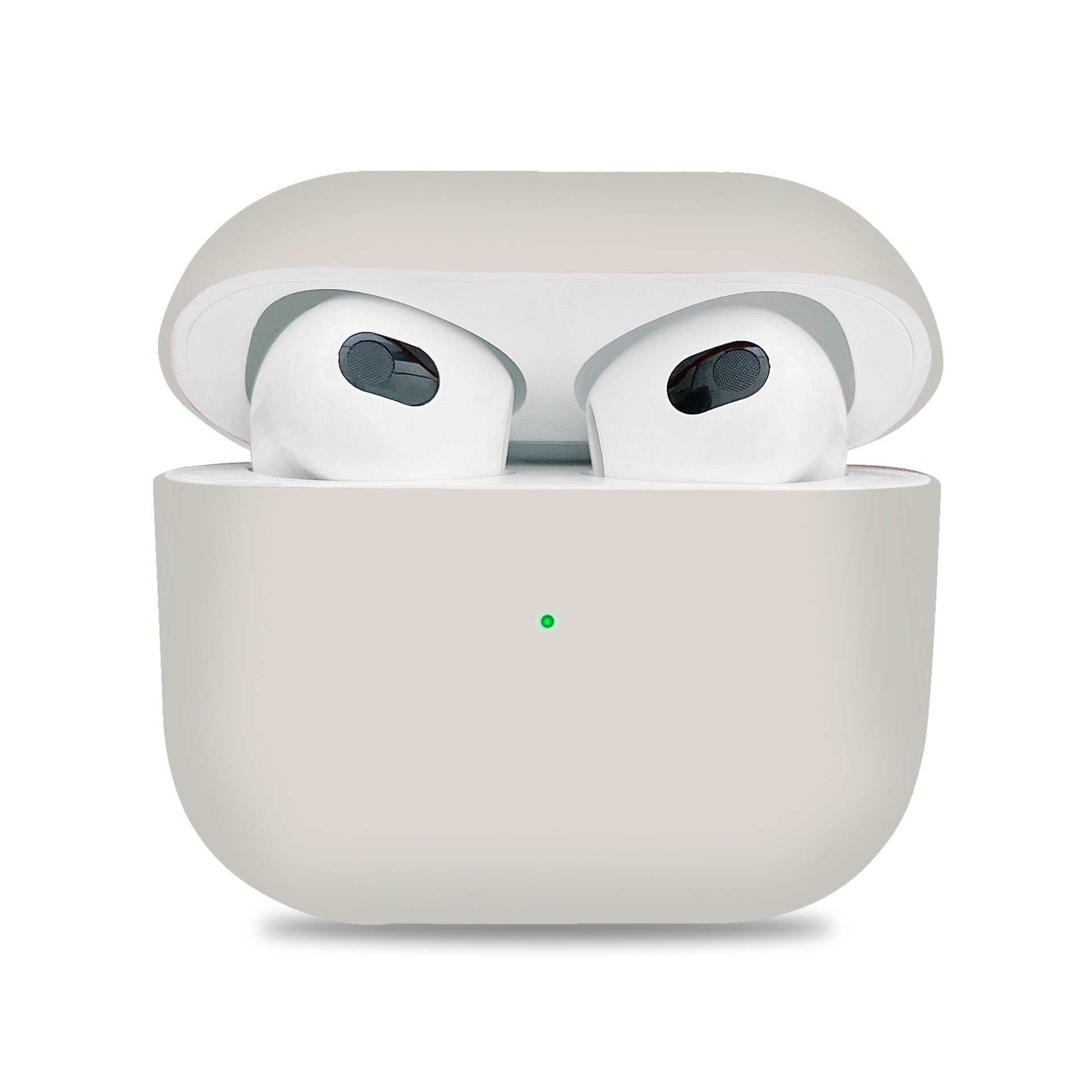 Gray wireless earbuds in a charging case on a white background