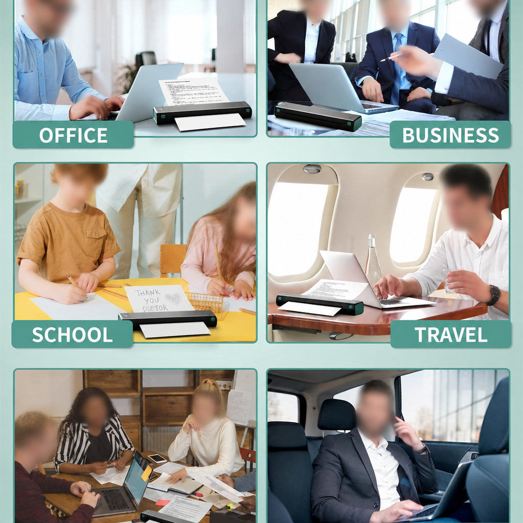 Collage of people using a laptop and a printer on different scenarios including office, business, school, and travel.