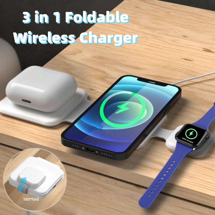 3-in-1 foldable wireless charger with phone, watch, and earbuds on a wooden surface.