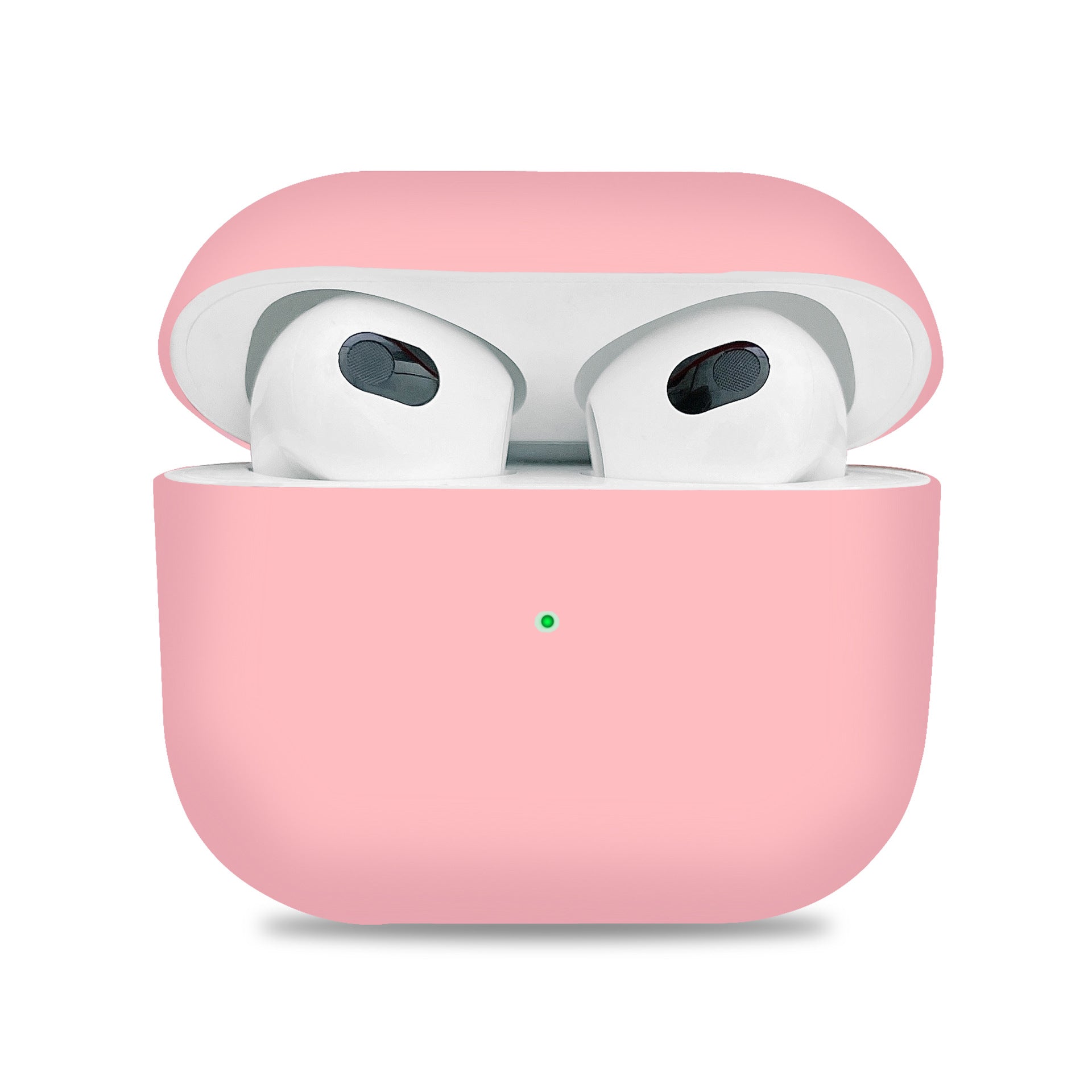 Pink wireless earbuds charging case on a white background