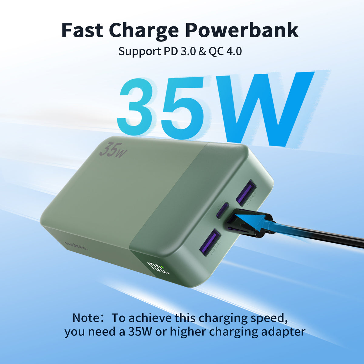 Fast charge powerbank with 35W rating on a blue gradient background