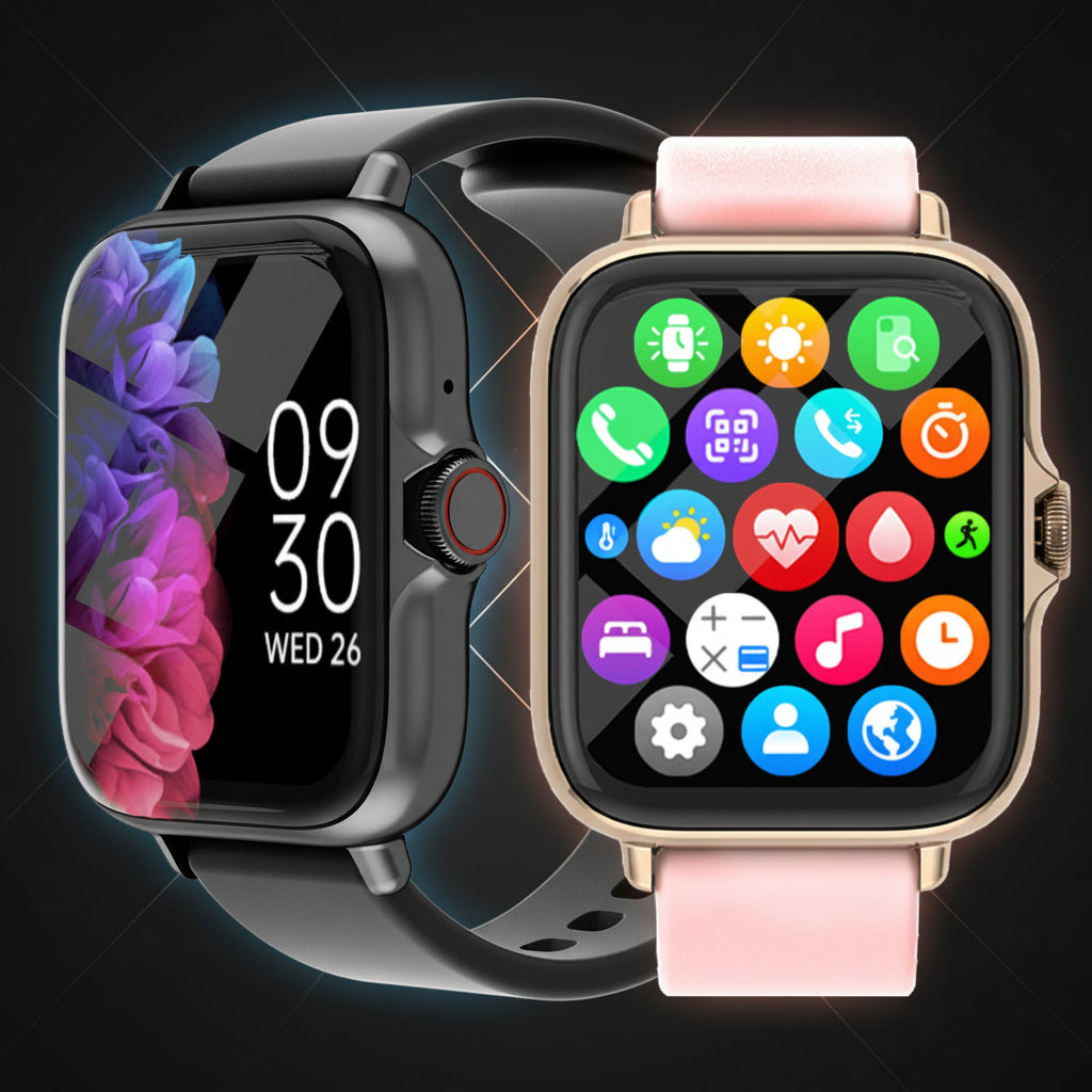Two smartwatches side by side on a black background