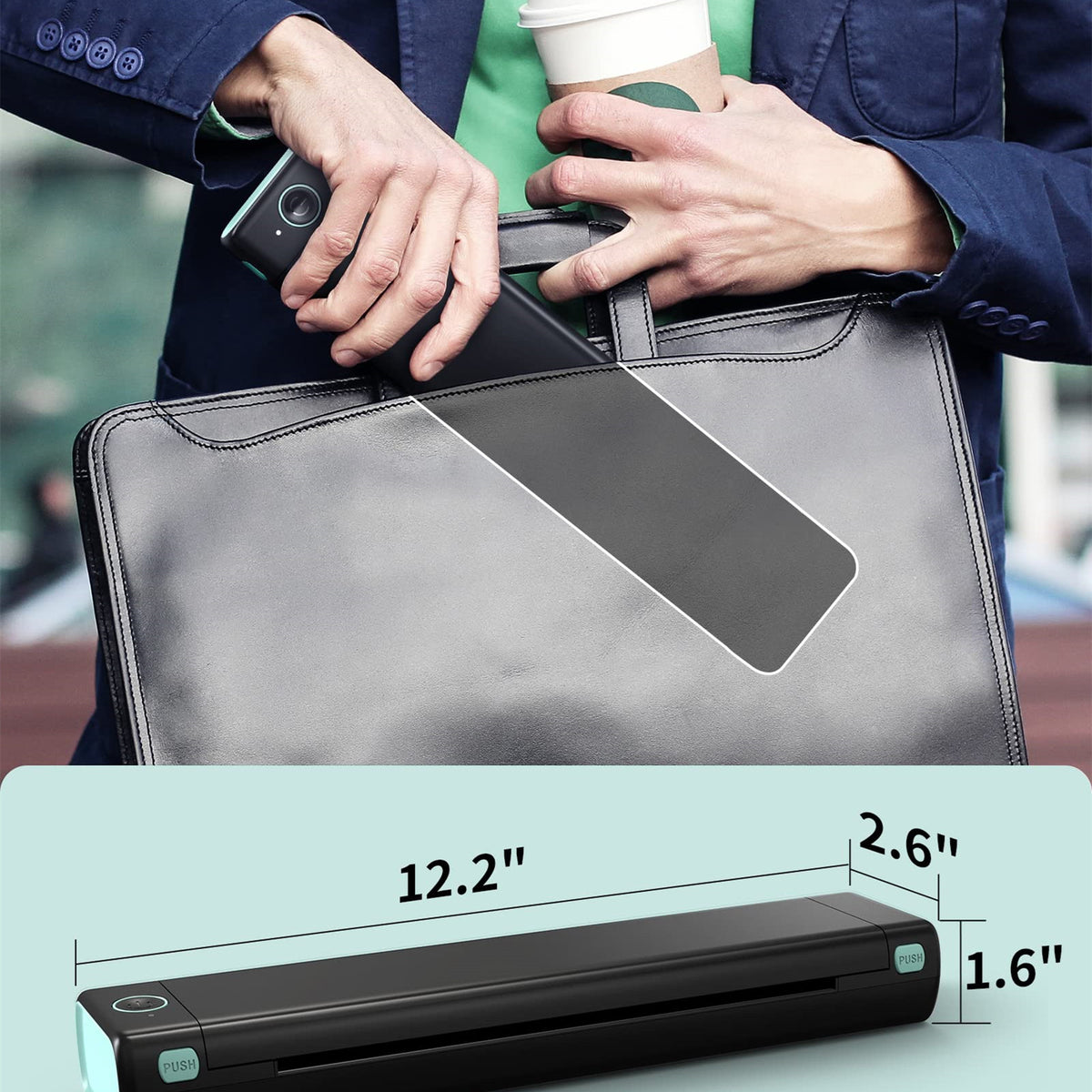 Person holding a gray laptop bag with a printer and coffee, showing dimensions of the printer.