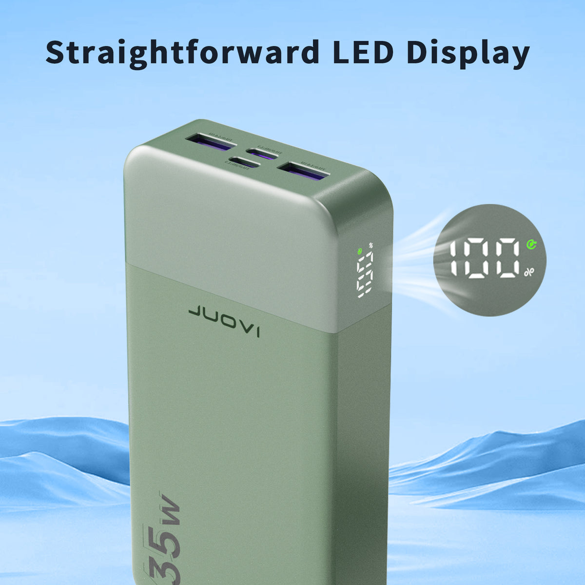 Mint green power bank with LED display on a blue wave background