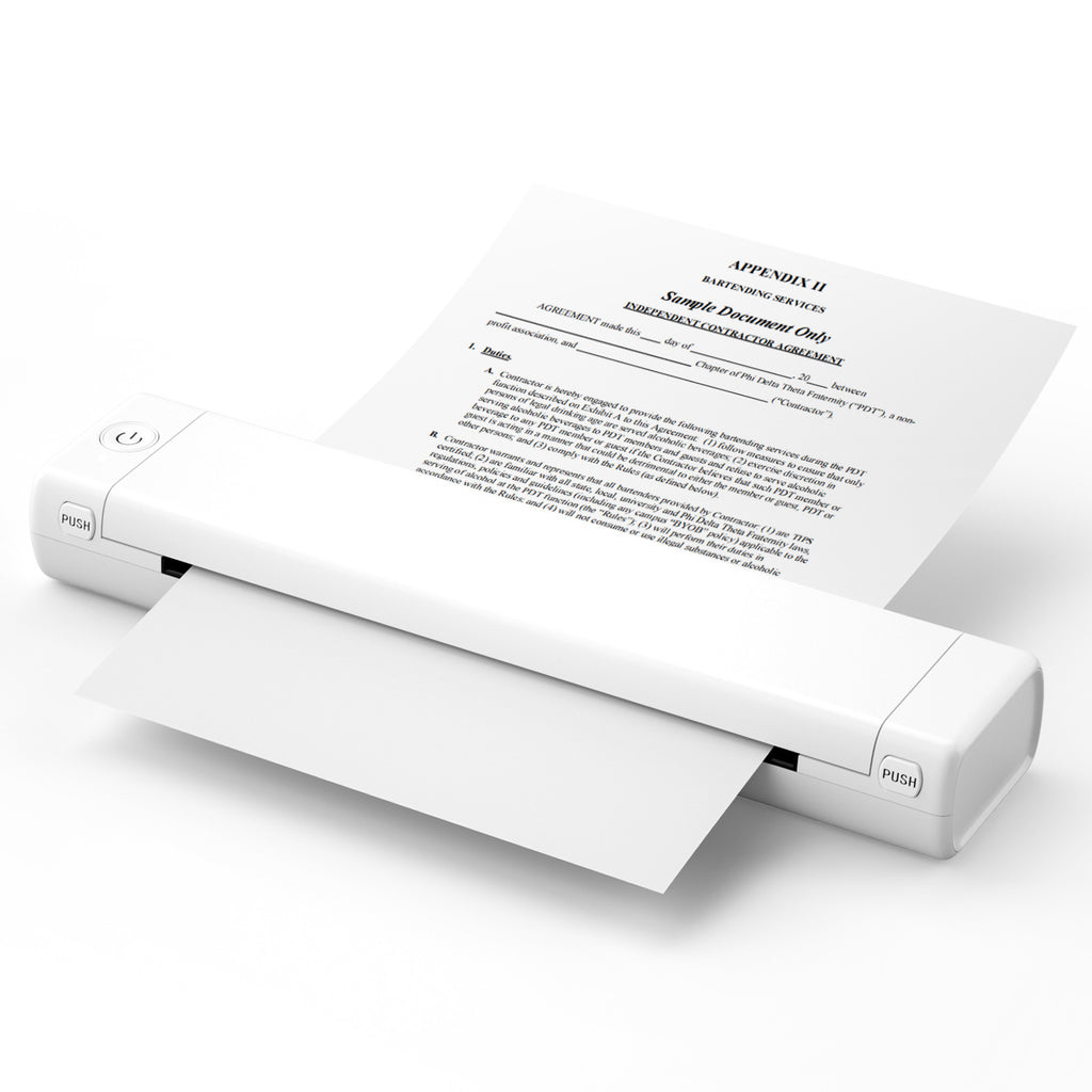 White portable printer with a document on a white background