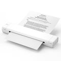 White portable printer with a document on a white background