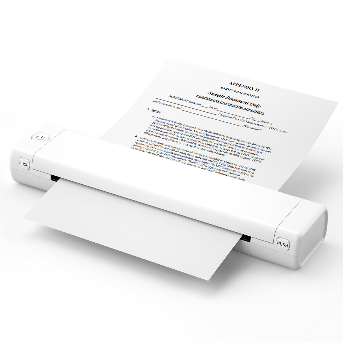 White portable printer with a document on a white background