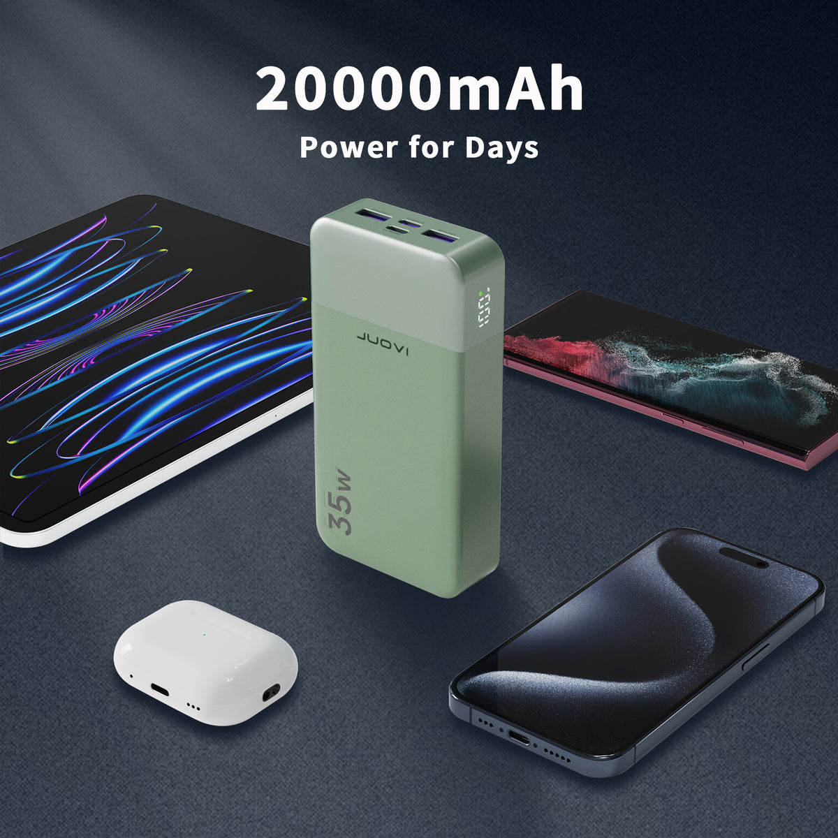 Mint green power bank with 20000mAh capacity on a dark surface with smartphones and earbuds.