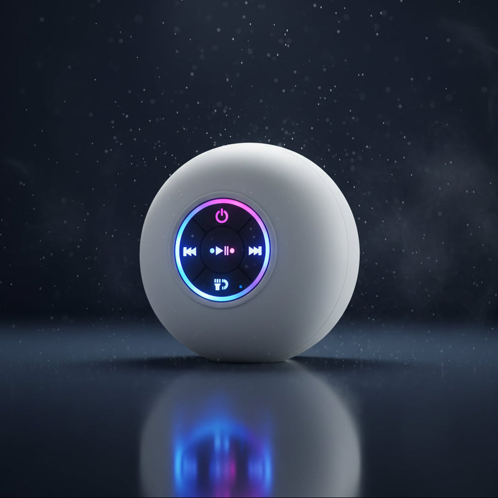 White spherical device with a glowing blue light on a dark background