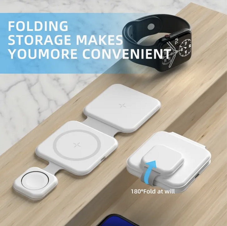 White folding storage device on a wooden surface with text about convenience.