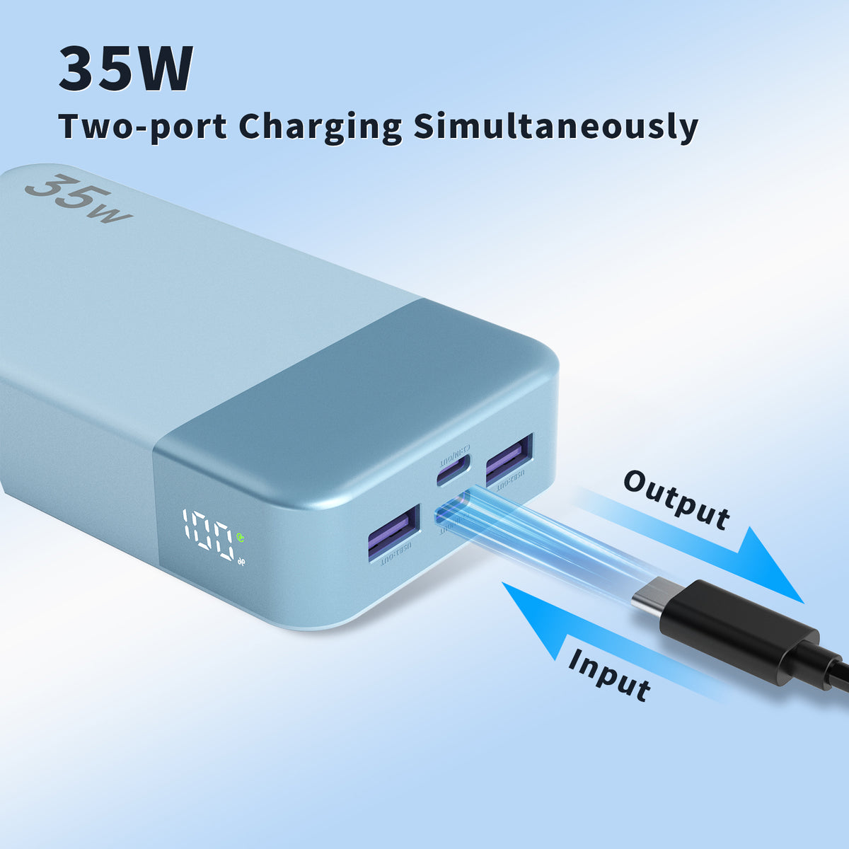 A cyan 35W portable power bank with two USB-A ports, shown charging a black USB-C cable. The image includes text overlays reading '35W Two-port Charging Simultaneously' and 'Output' and 'Input' with blue arrows indicating the charging direction.