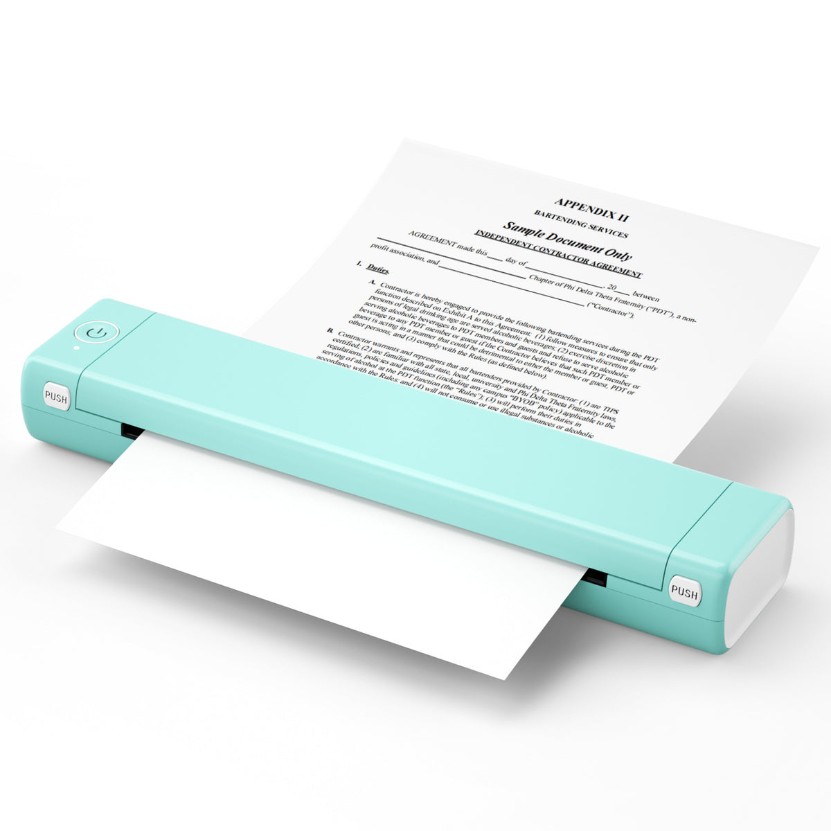 Turquoise portable printer with a document on a white background
