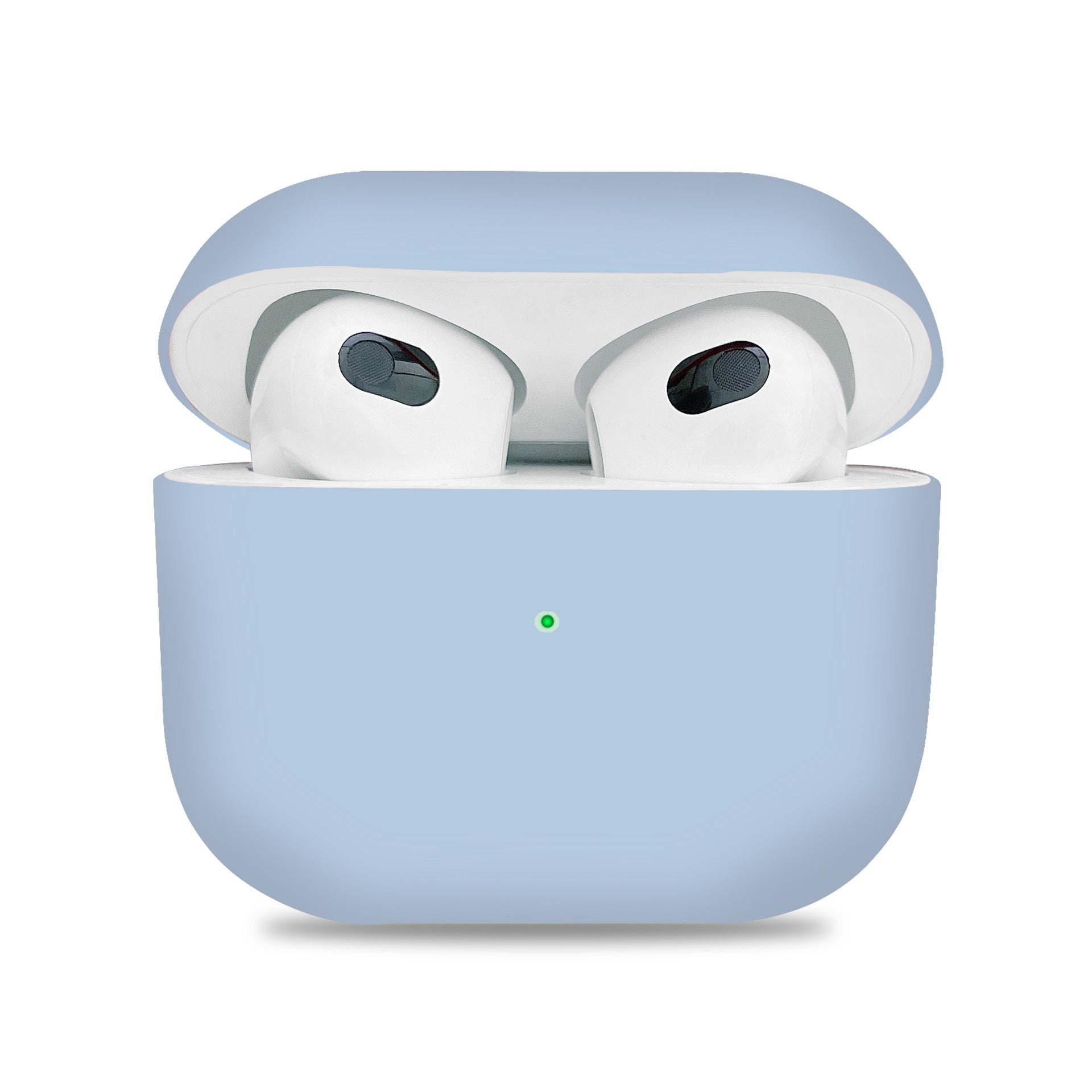 Wireless earbuds in a light blue case on a white background