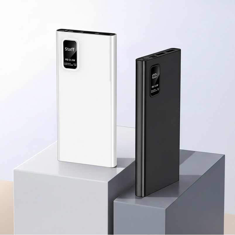 Two portable power banks, one white and one black, displayed on gray pedestals against a clean light gray background. The brand name 'Staff' is visible on the power banks.