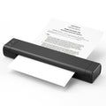 Black portable printer with a document on a white background