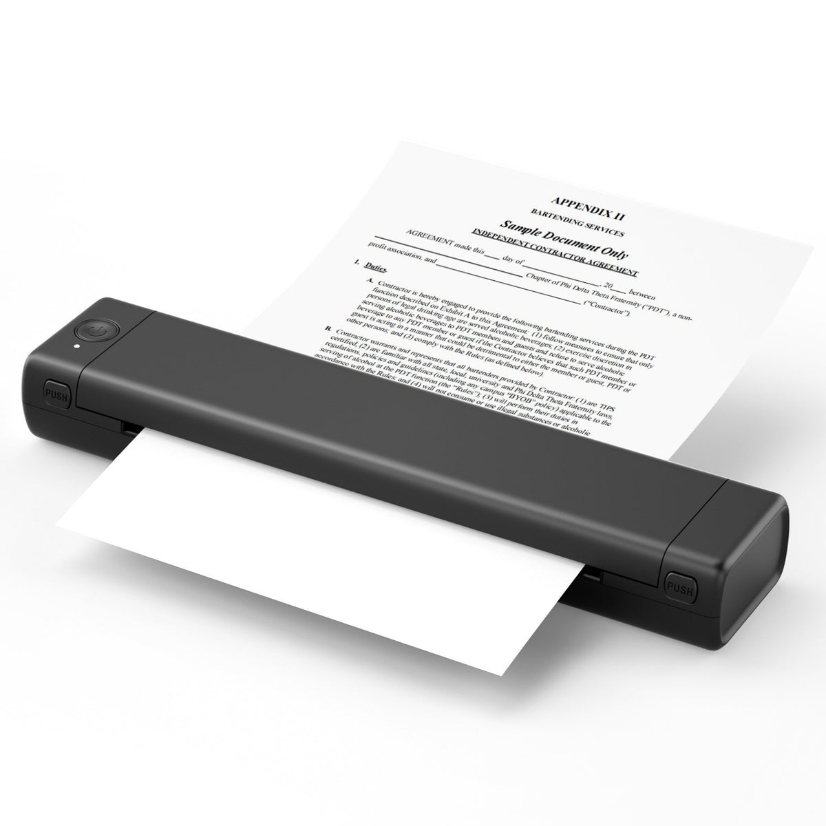 Black portable printer with a document on a white background
