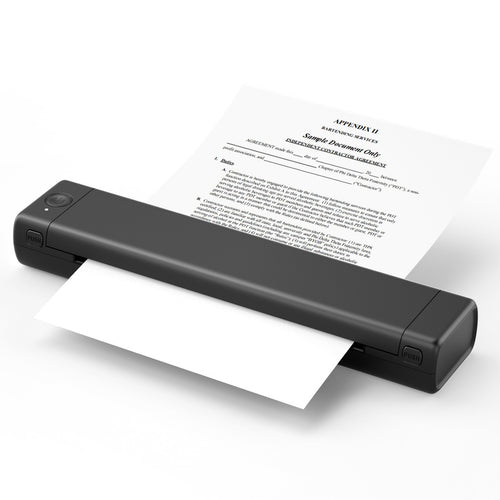Black portable printer with a document on a white background