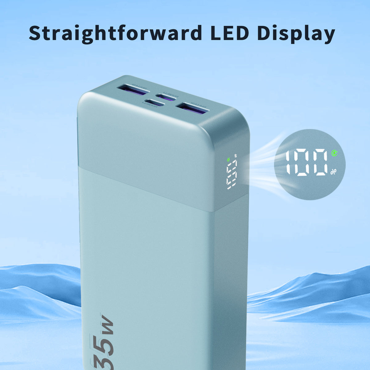 A cyan portable power bank with a digital LED battery percentage display showing 100%, set against a blue background with text reading 'Straightforward LED Display'.