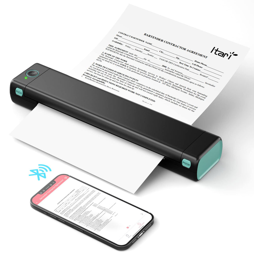 Handheld printer scanning a document with a smartphone displaying the scanned content on a white background.