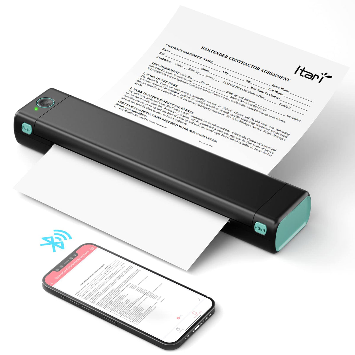 Handheld printer scanning a document with a smartphone displaying the scanned content on a white background.