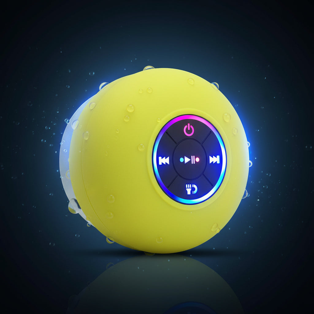 Yellow spherical Bluetooth speaker with control buttons on a dark background
