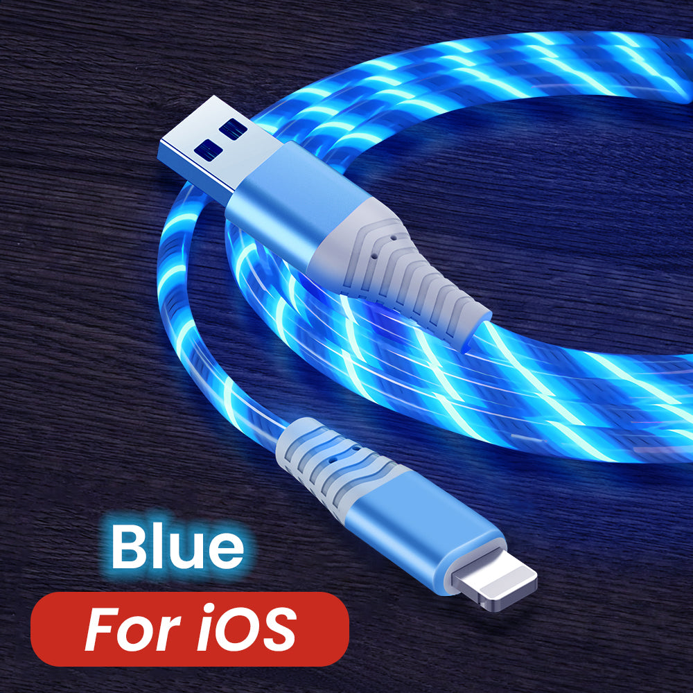 Blue USB cable with connectors on a dark background, labeled for iOS.