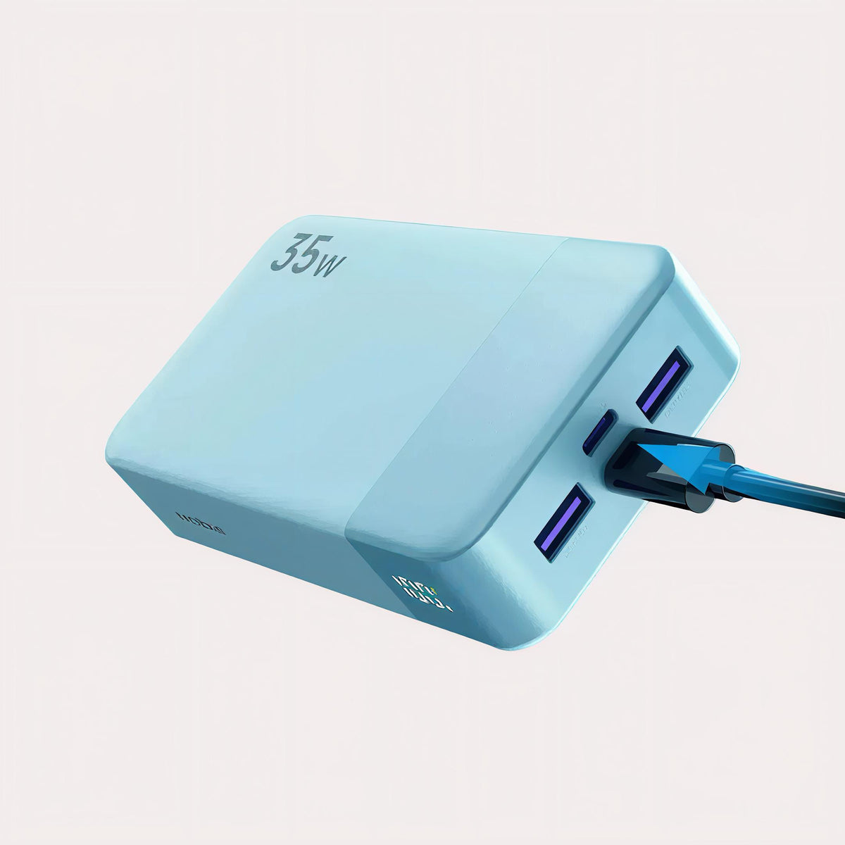 A cyan 35W dual USB-C charger with a blue cable plugged in, shown on a clean off-white background.