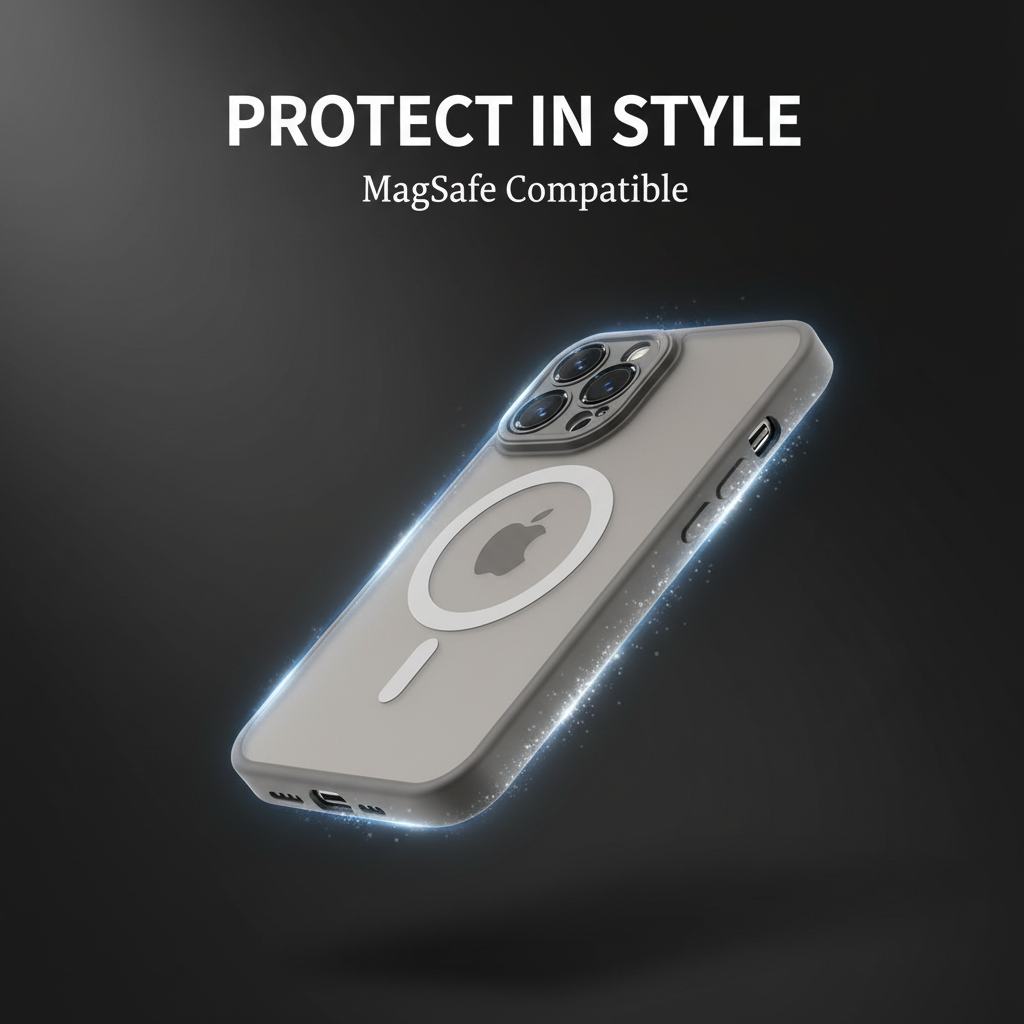 A clear MagSafe-compatible phone case shown on a silver smartphone, floating against a dark background with the text 'PROTECT IN STYLE' and 'MagSafe Compatible' at the top.
