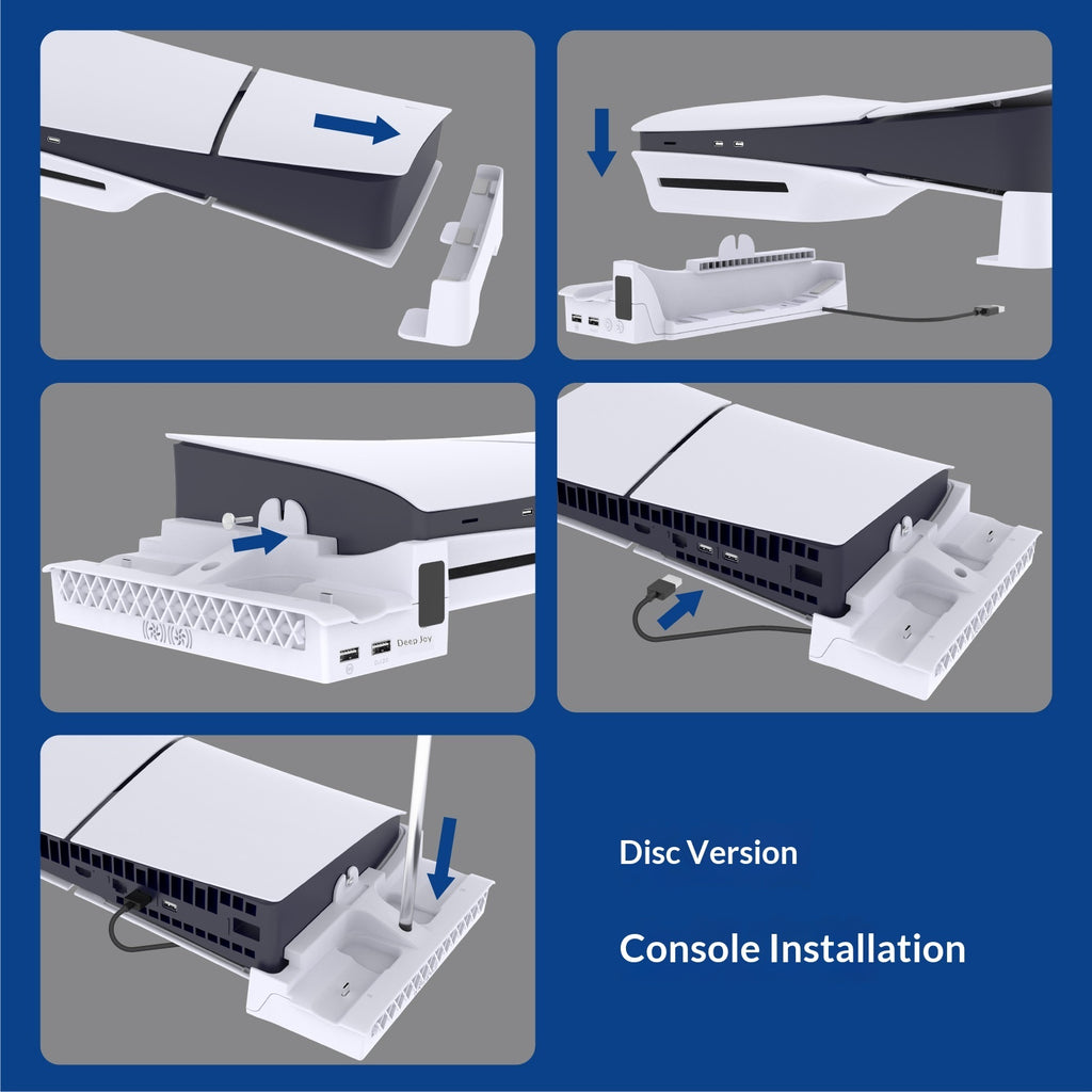 A 5-panel installation guide showing how to mount a white and black PlayStation 5 console onto a white plastic stand, including steps for removing the console lid, connecting a power cable, and securing the console with a screwdriver. The panels are set against a gray background with a blue border and text reading 'Disc Version Console Installation'.