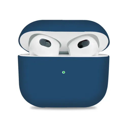 Dark blue wireless earbuds case with white earbuds on a white background