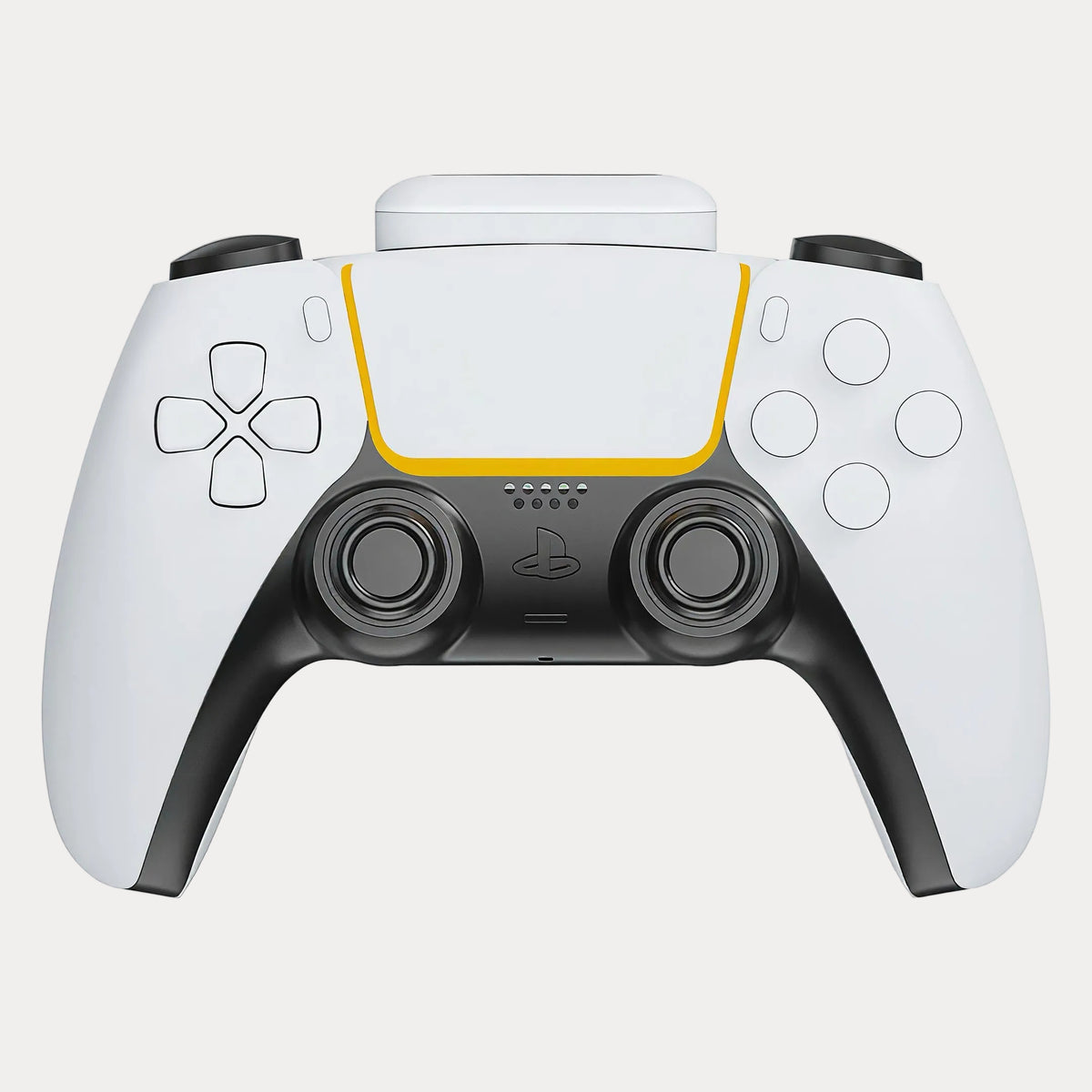 A white PlayStation 5 DualSense wireless controller with a power bank plugged, a yellow accent line and black grips, shown from a front-facing perspective on a light gray background.
